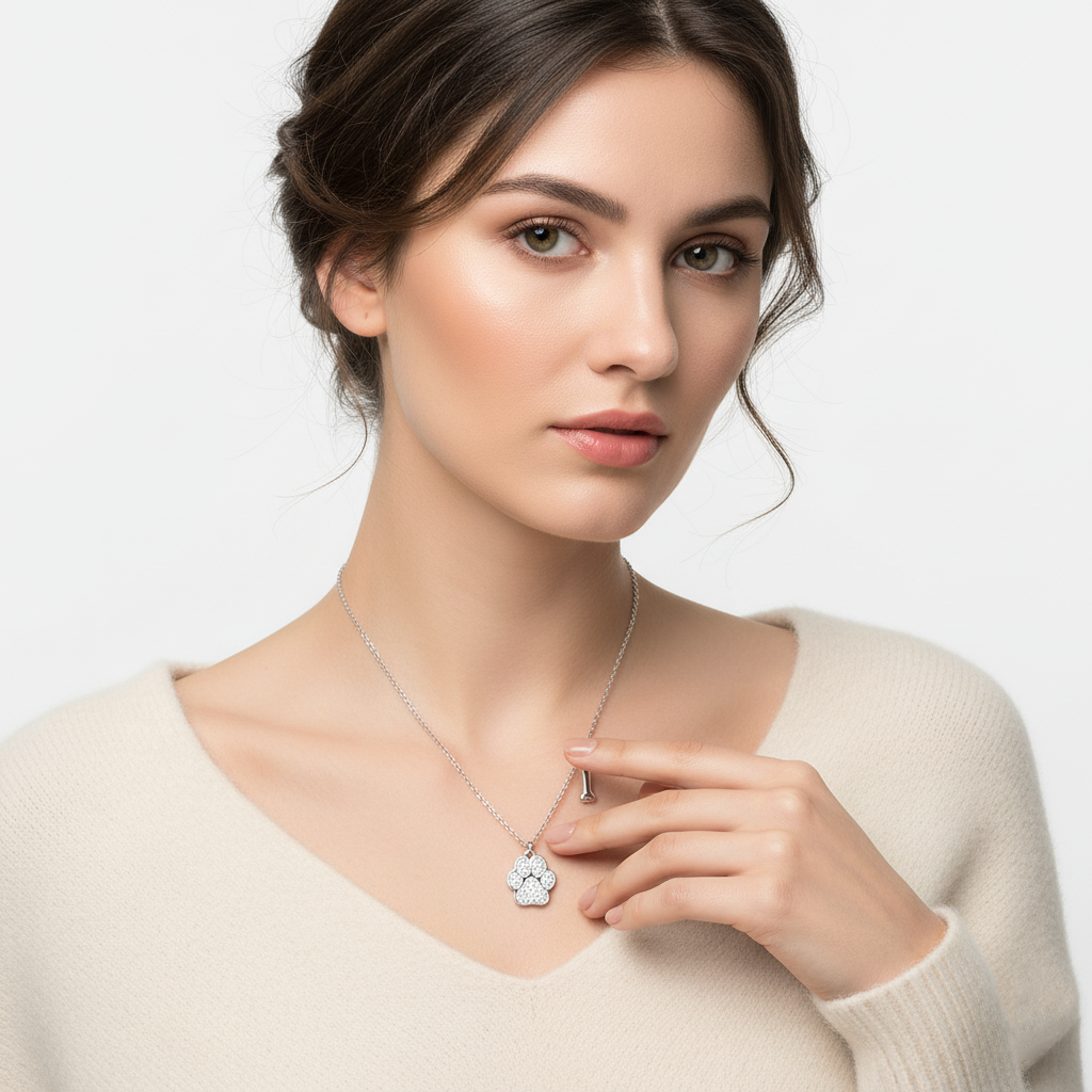 A woman wearing a silver paw print pendant necklace  with a pendant on a plain background