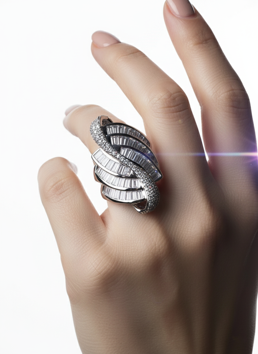 Silver ring on a hand with a white background