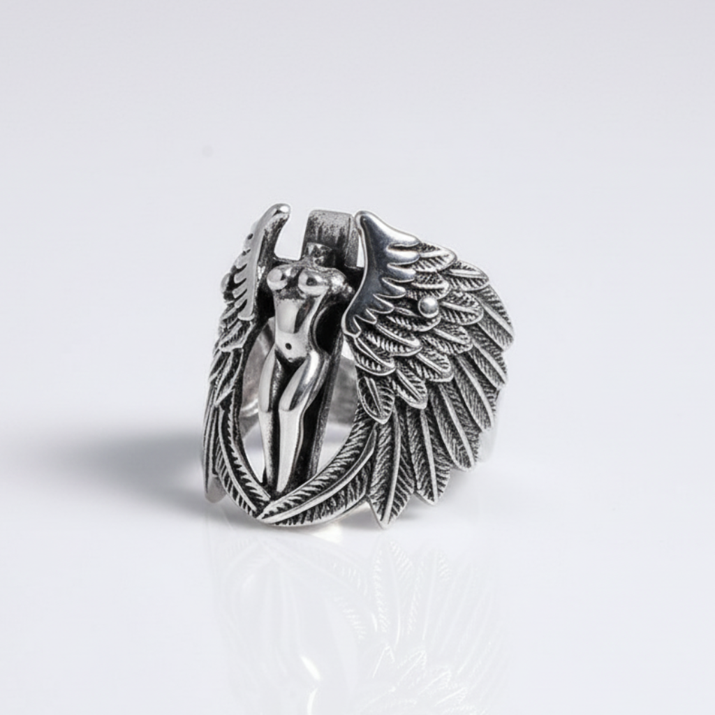Silver ring with angel and wing design on a light gray background