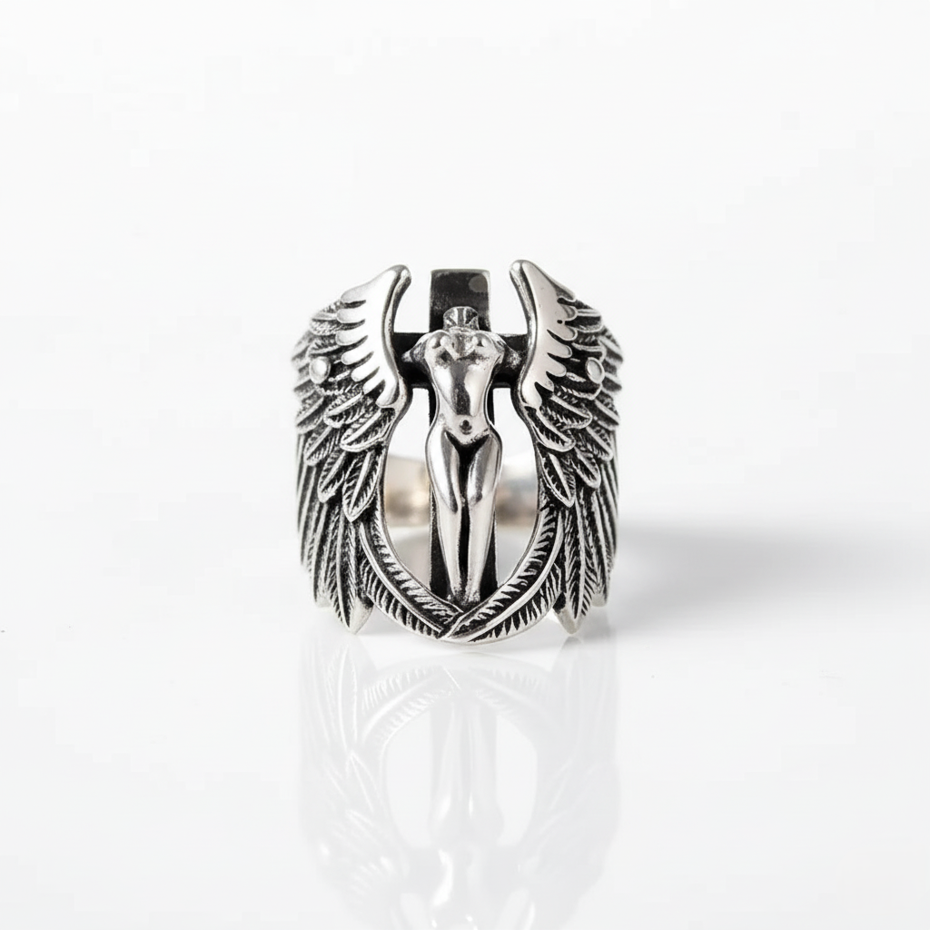 Silver ring with angel design on a white background