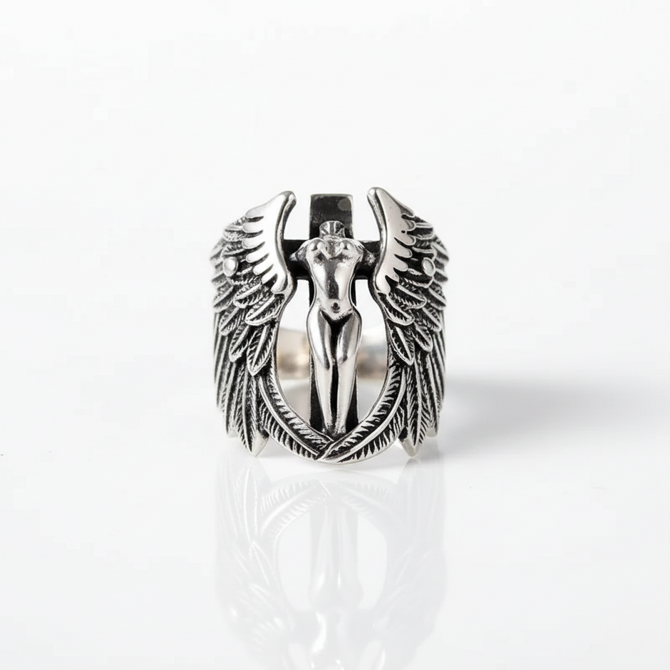 Silver ring with angel design on a white background