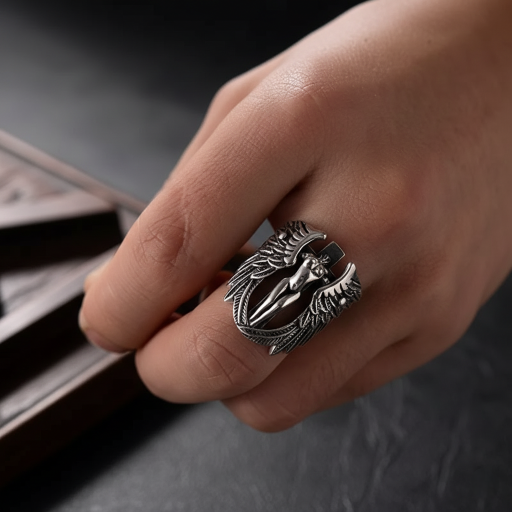 Hand wearing a silver ring with an eagle design on a dark background