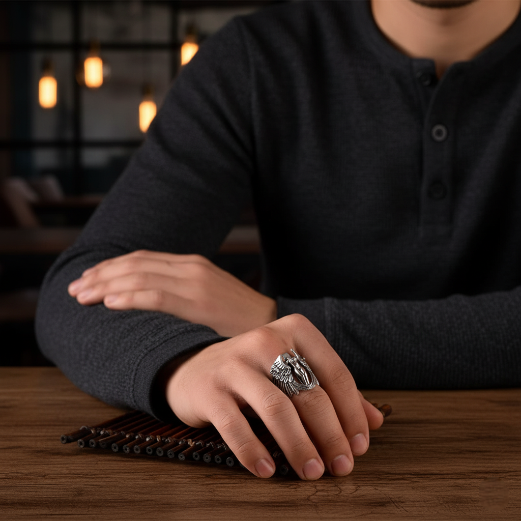 Person wearing a dark shirt with a Silver ring with angel design on a wooden surface