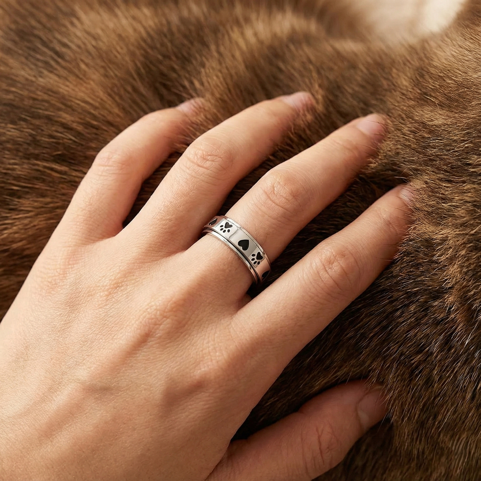 Close-up of the animal-inspired calming design on the adjustable stress relief ring.