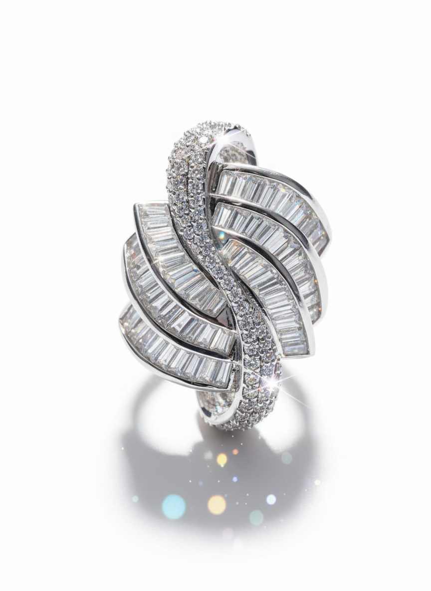 Silver ring with diamond accents on a white background