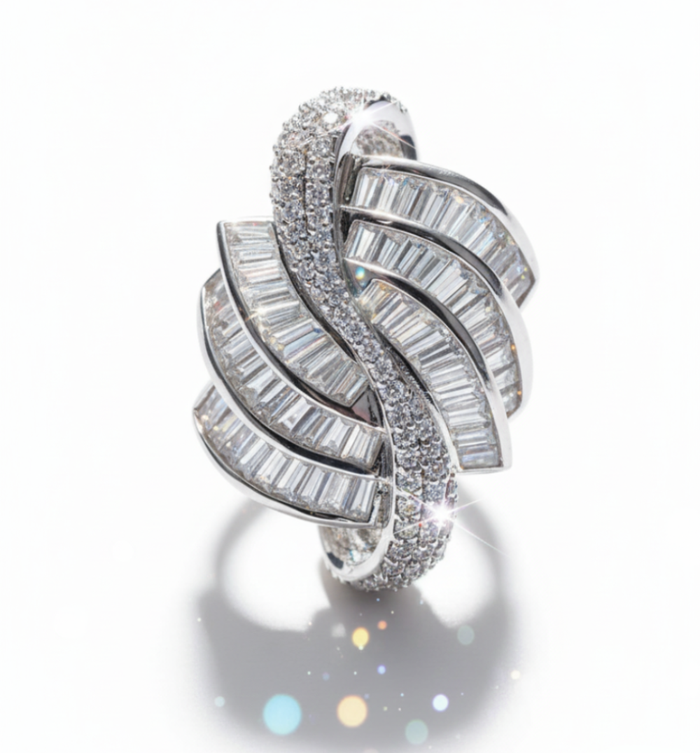 Silver ring with diamond accents on a white background