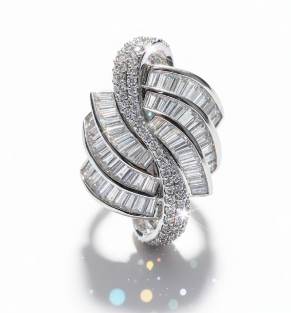 Silver ring with diamond accents on a white background