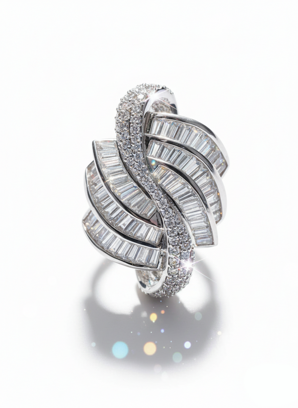 Silver ring with diamond accents on a white background