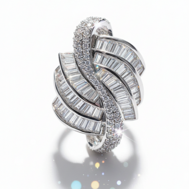 Silver ring with diamond accents on a white background