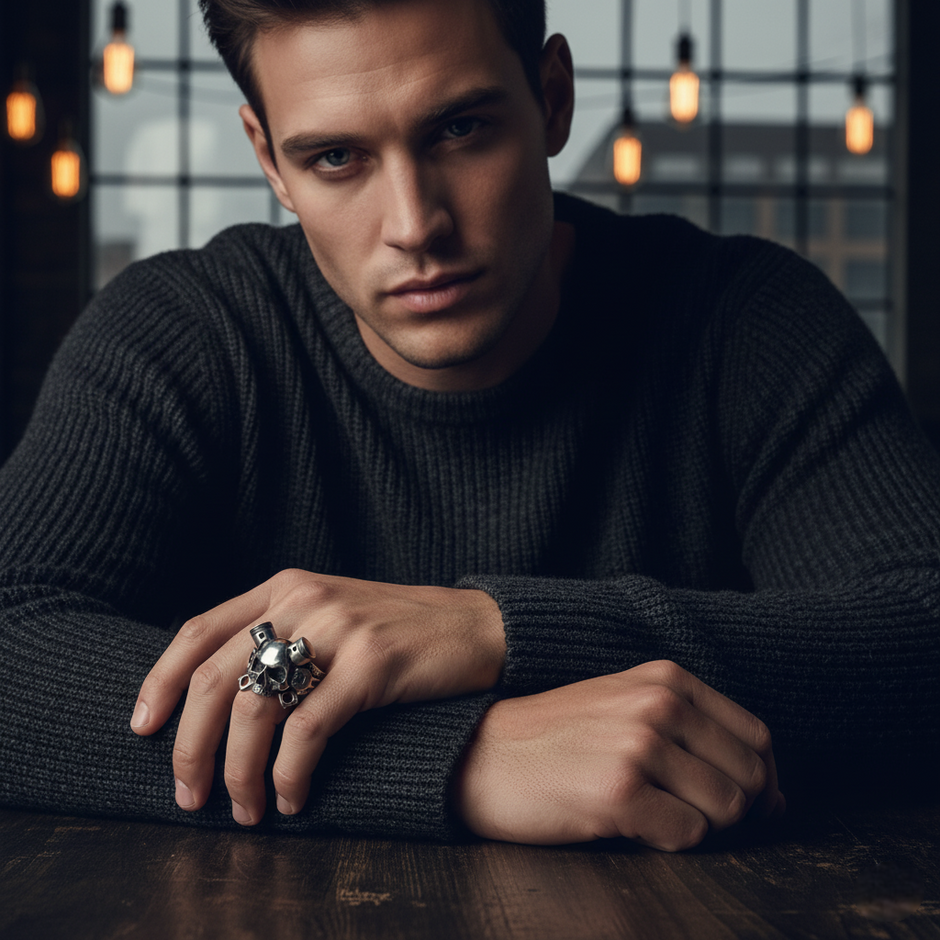 Man wearing a dark sweater with a ring, sitting indoors with a blurred background