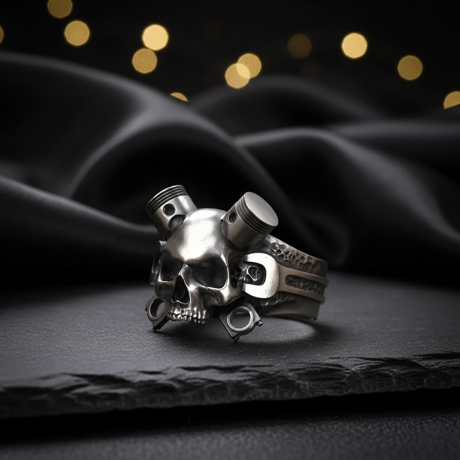 Silver skull ring with mechanical components on a dark fabric background with blurred lights.