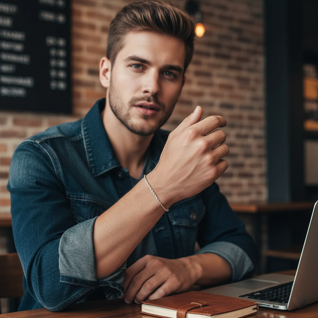 Close-up of silver bracelet  on man hand