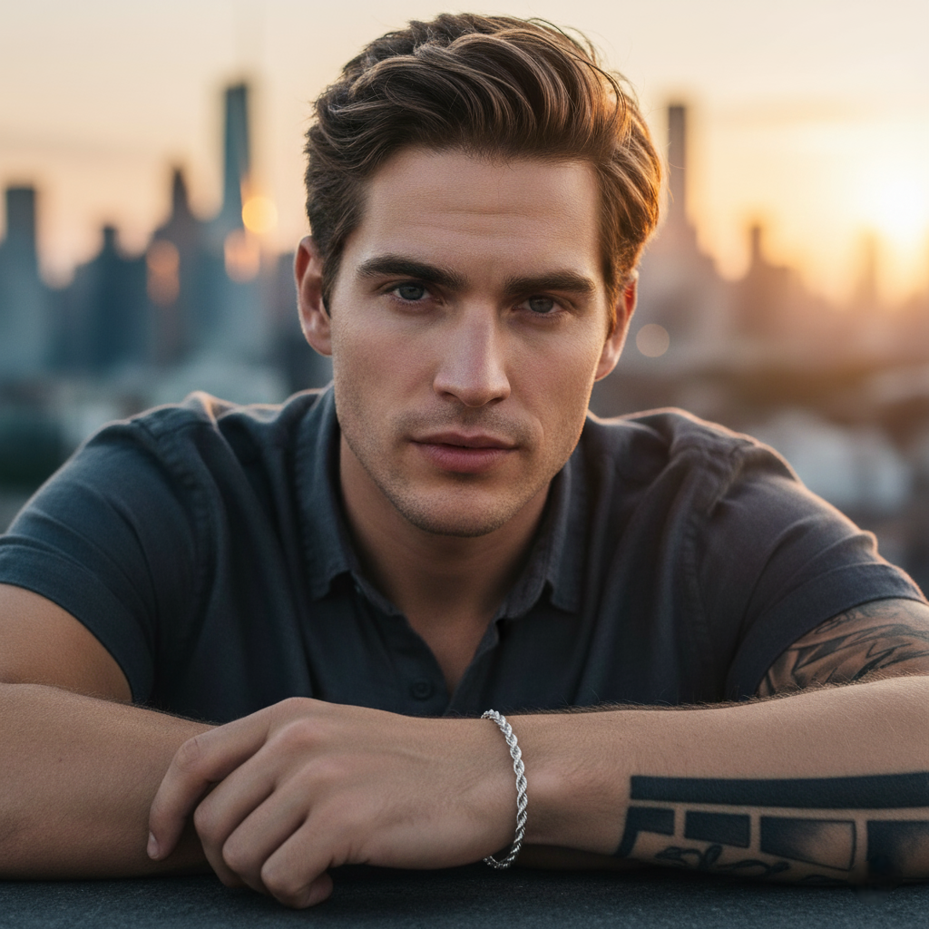 Man with tattoos and a bracelet leaning against a railing with a cityscape in the background