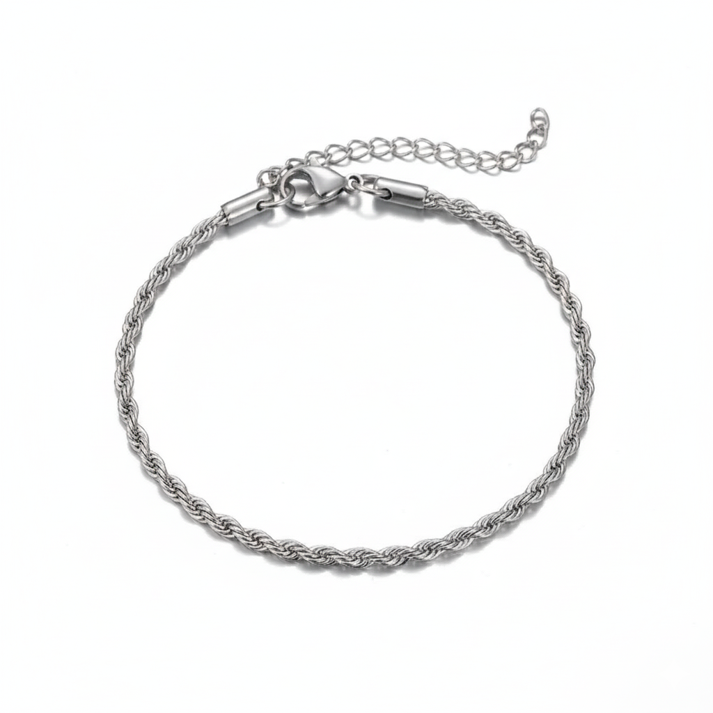 Silver rope chain bracelet on a white background