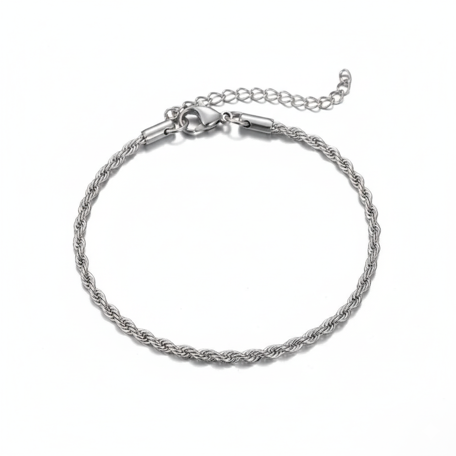 Silver rope chain bracelet on a white background