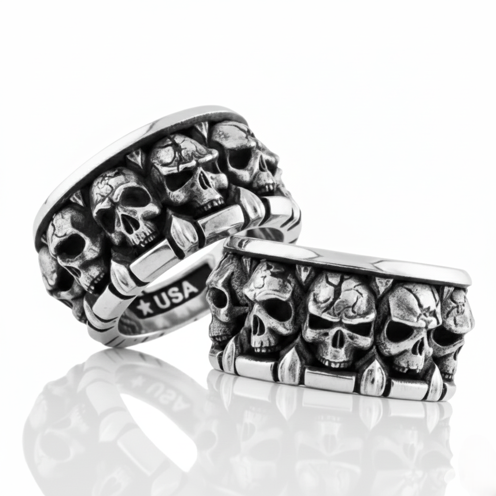 Silver skull ring with 'USA' branding on a white background