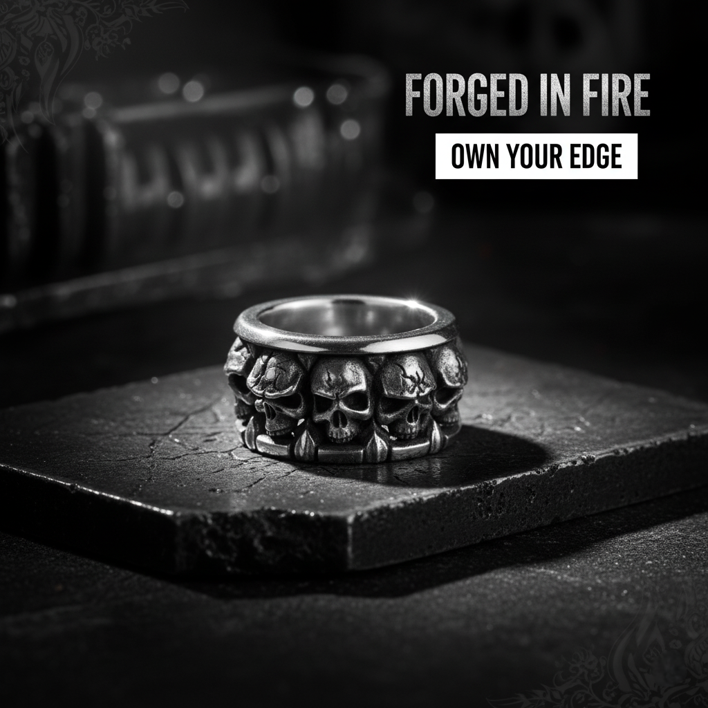 Silver skull ring on a dark surface with 'Forged in Fire' text above.