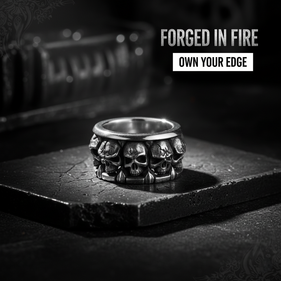 Silver skull ring on a dark surface with 'Forged in Fire' text above.