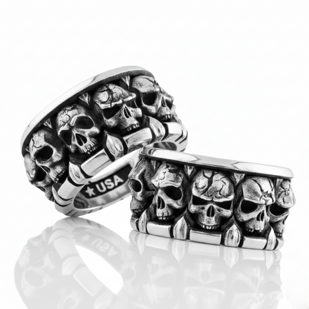 Silver skull ring with 'USA' branding on a white background
