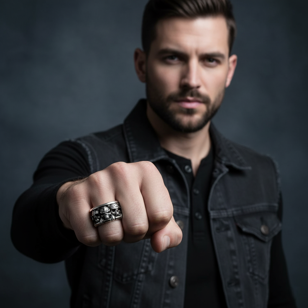 Man in a black jacket with a Silver skull ring on a dark background