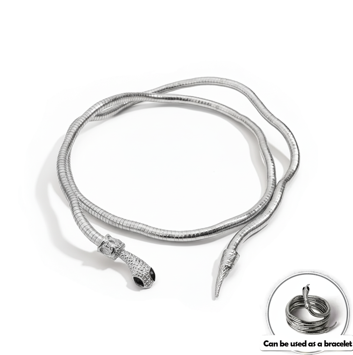 Silver snake-shaped bracelet on a white background