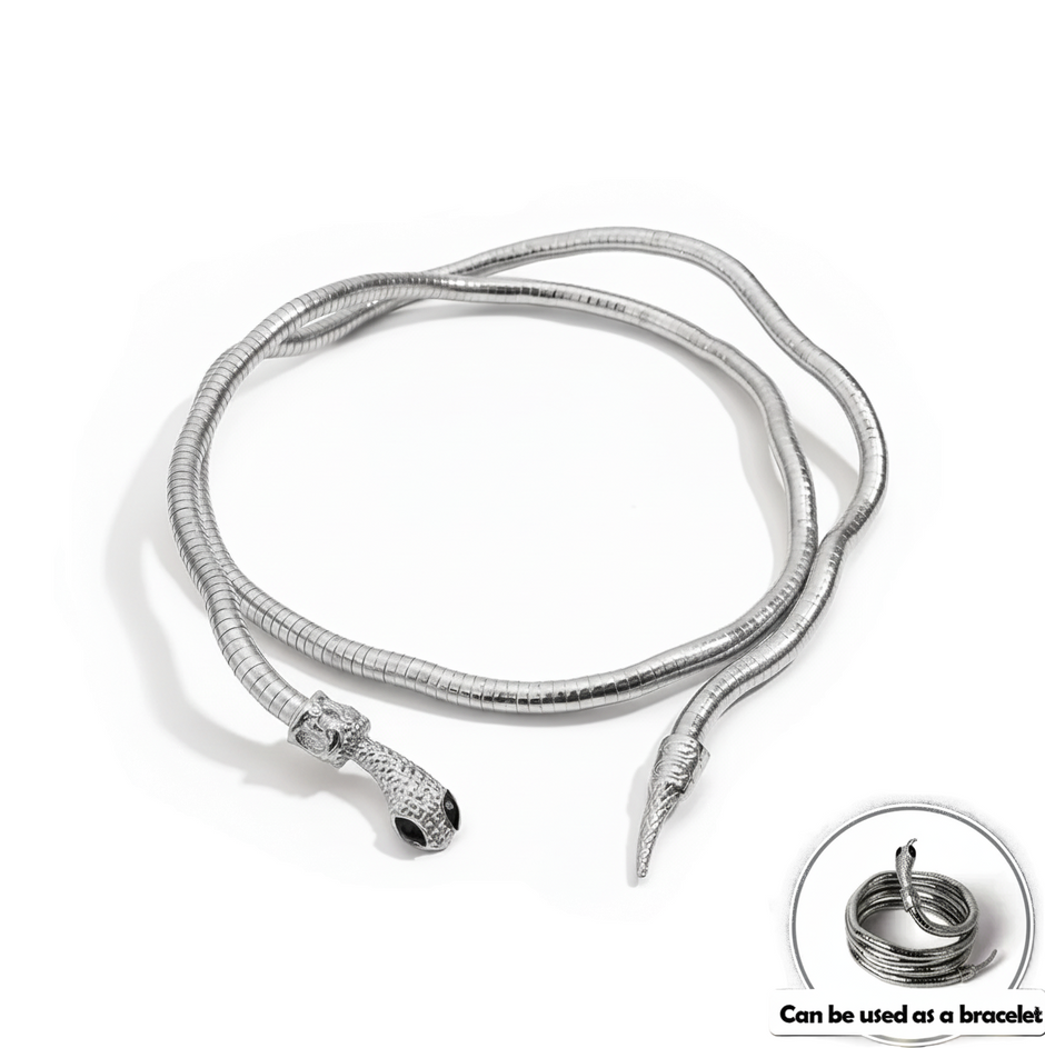 Silver snake-shaped bracelet on a white background