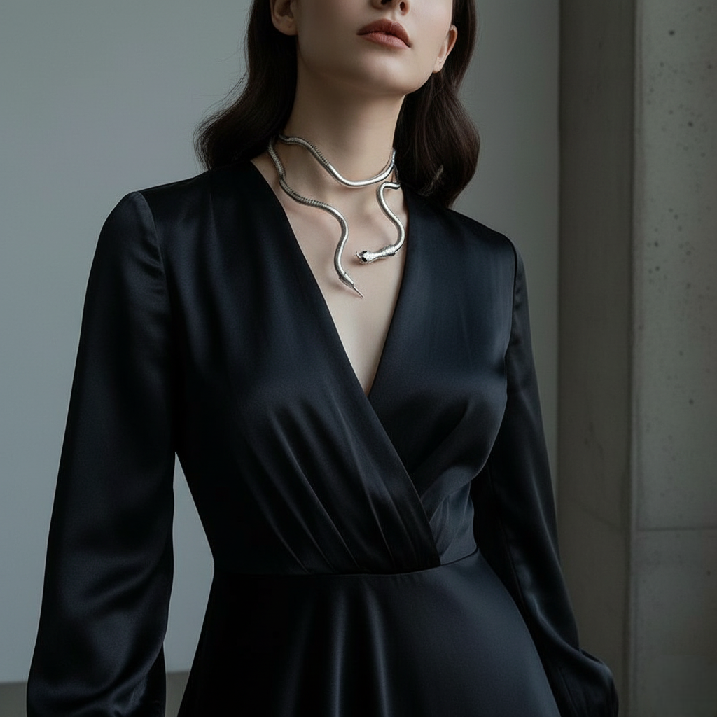 Woman wearing a black dress and snake-shaped necklace against a neutral background