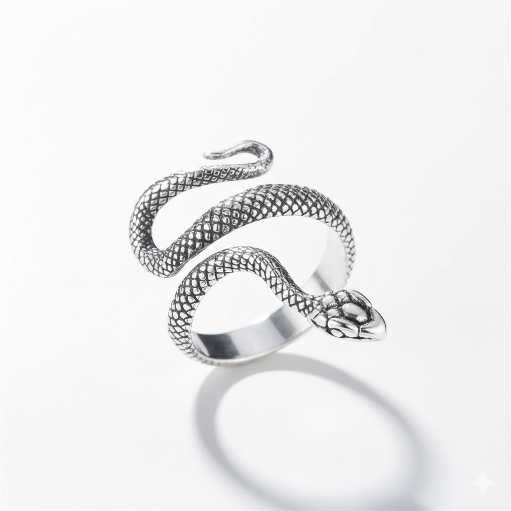 Silver snake-shaped ring on a white background