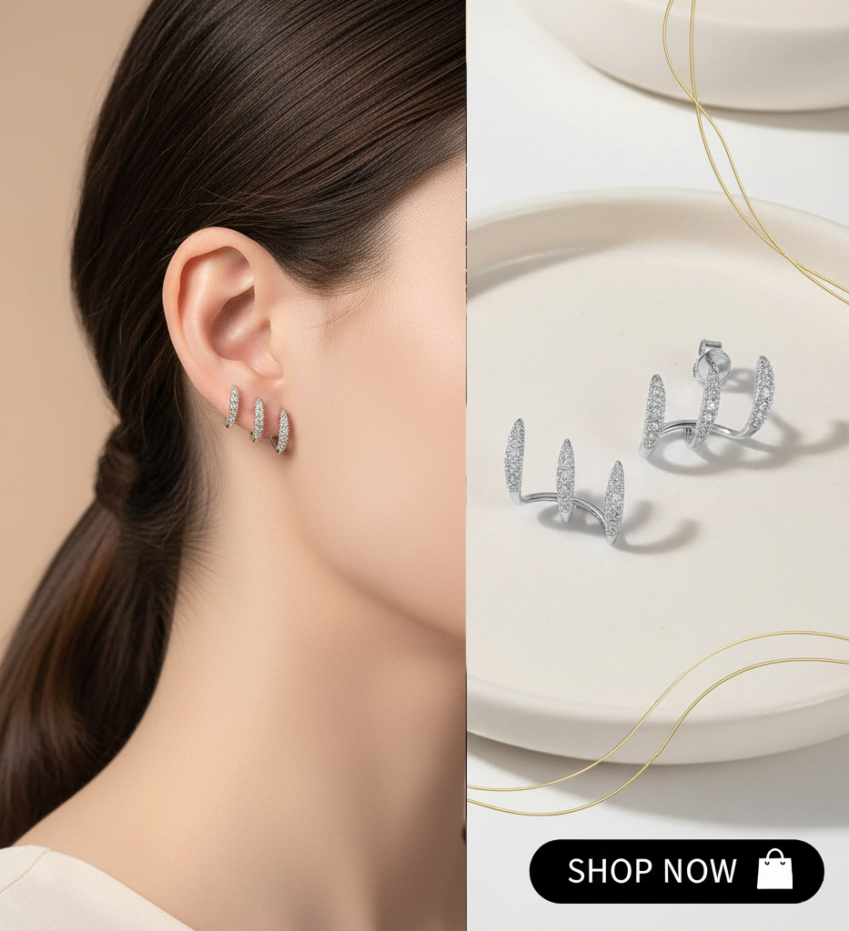 Silver earrings worn by a model and displayed on a white surface with a 'Shop Now' button.