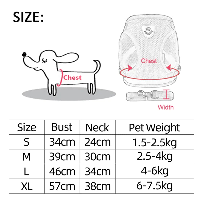 Size chart for a pet product with measurements and weight range.