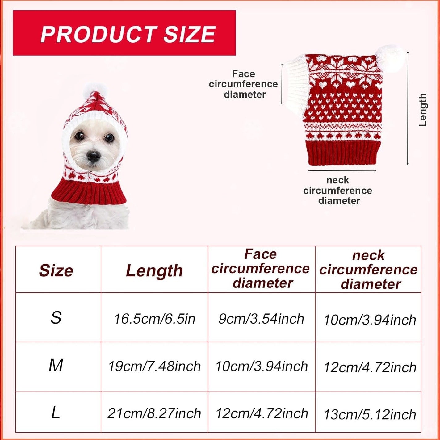 Sizing Chart for Red White Pup Winter Dog Hat - Measure Neck and Head Circumference