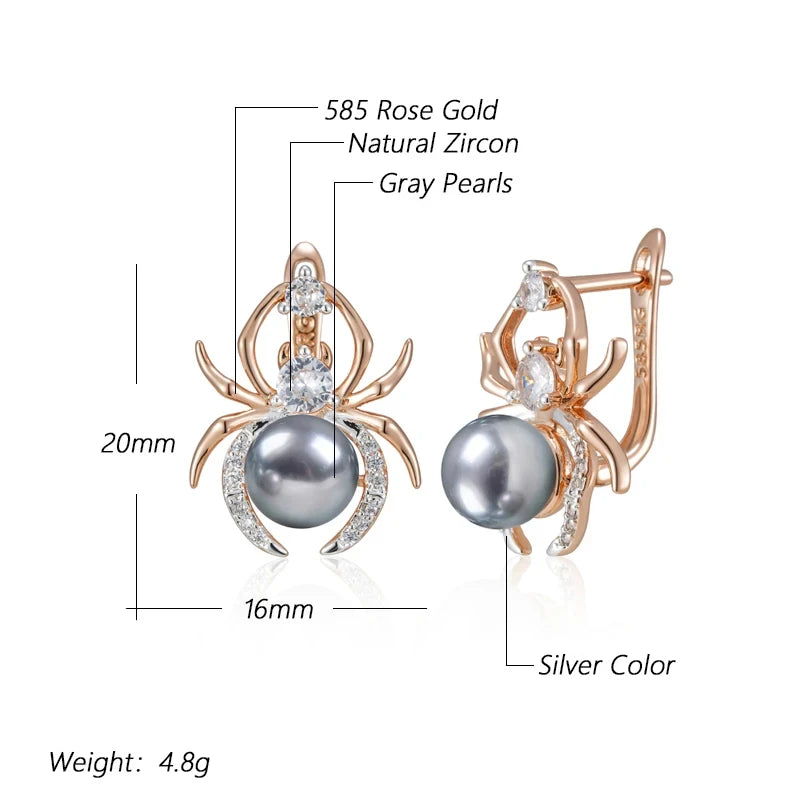 Spider-shaped earrings with rose gold and silver colors, gray pearls, and zircon stones on a white background.