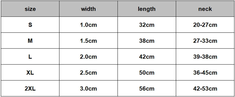 Table displaying size chart for width, length, and neck measurements.
