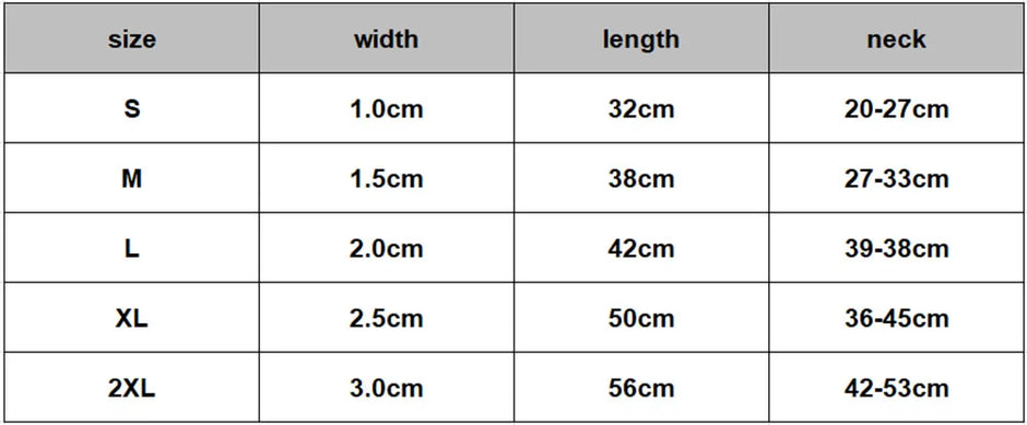 Table displaying size chart for width, length, and neck measurements.
