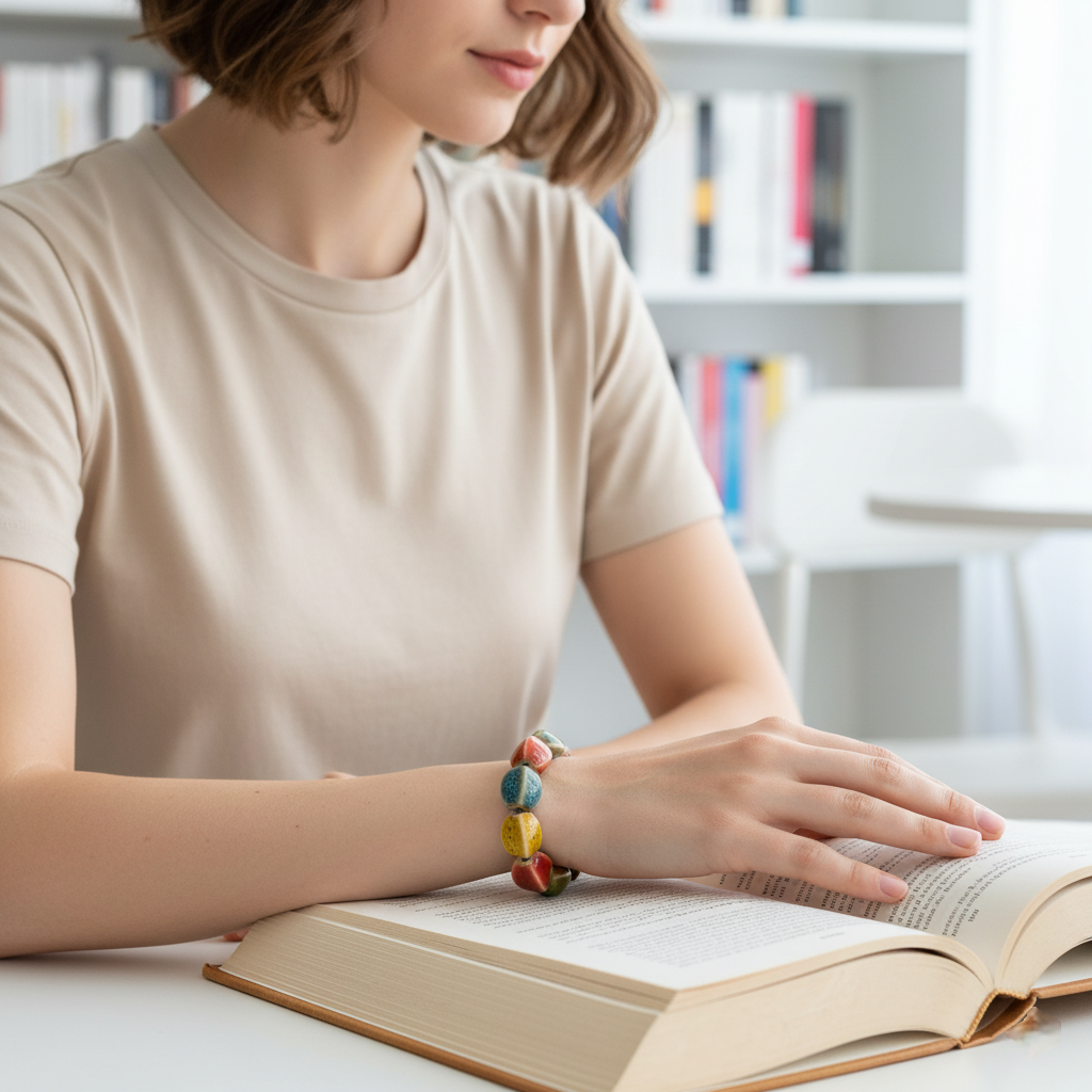 Person reading a book with a Multicolored beaded bracelet 