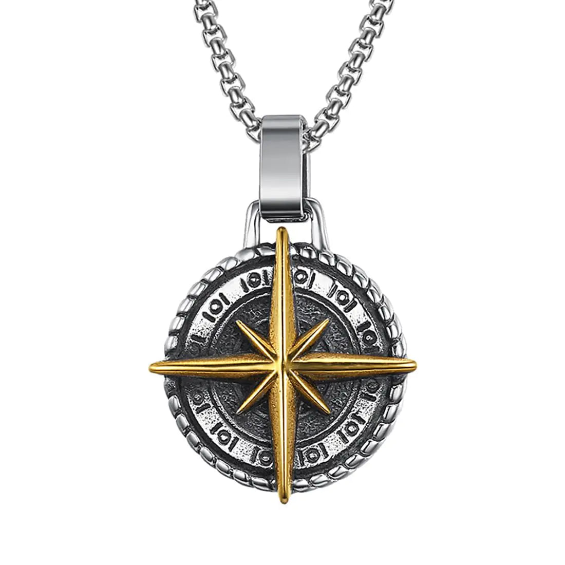 This is a men's stainless steel compass pendant necklace. 