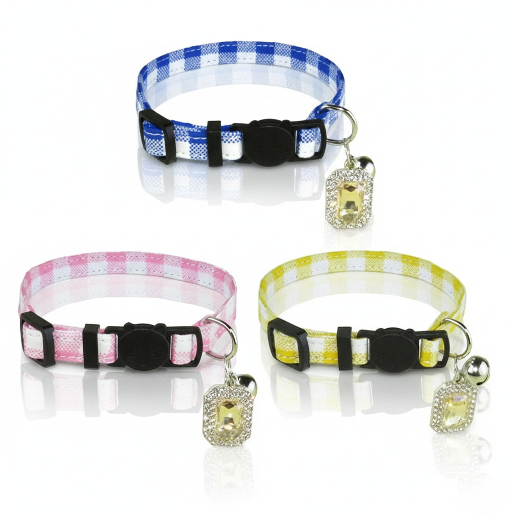 Three colorful cat collars with checkered patterns on a white background
