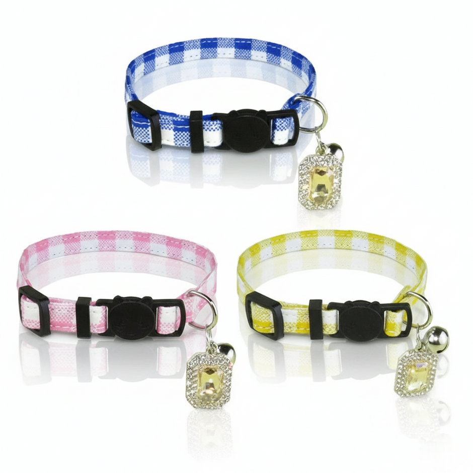 Three colorful cat collars with checkered patterns on a white background