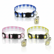 Three colorful cat collars with checkered patterns on a white background