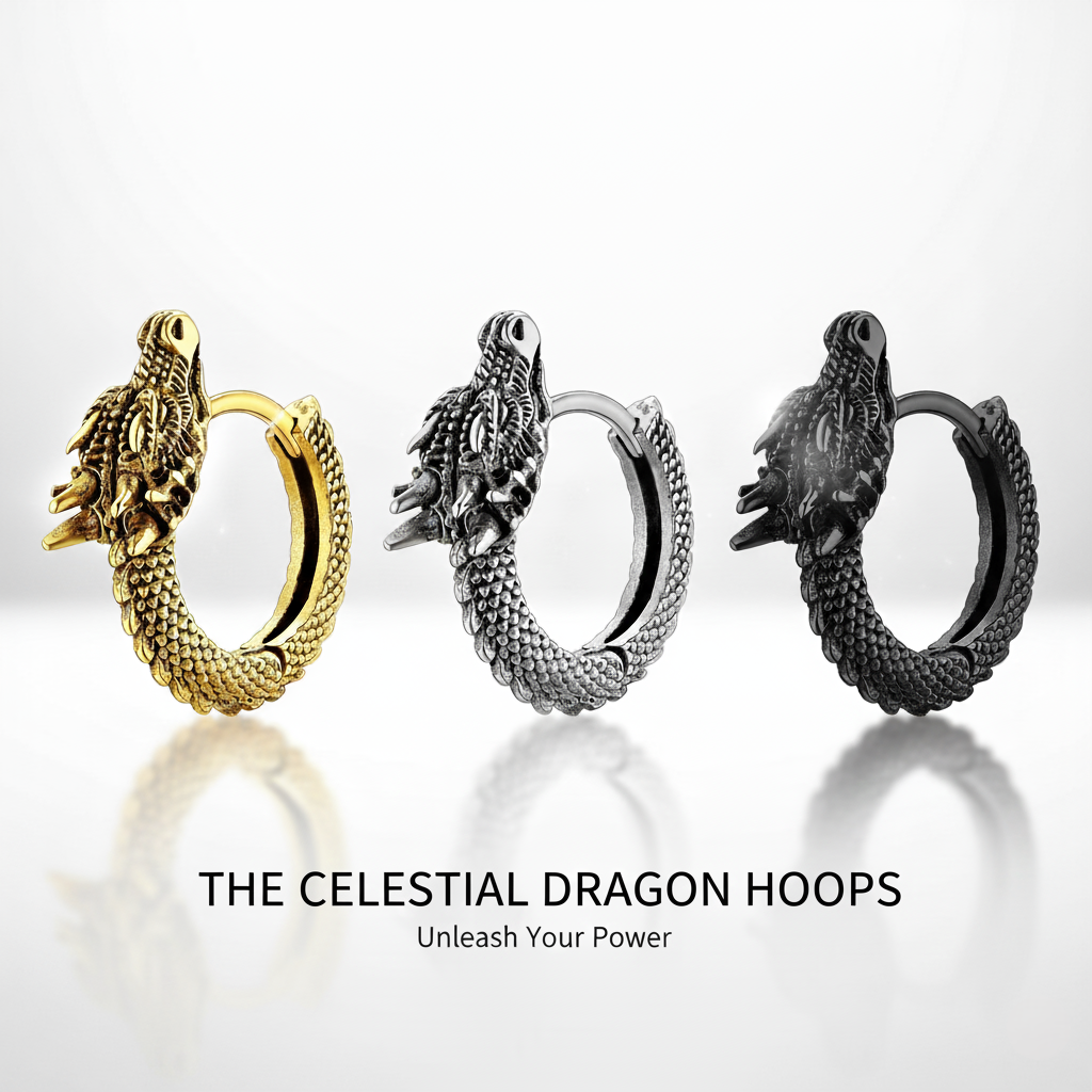 Three dragon-shaped hoop earrings in gold, silver, and black on a white background.