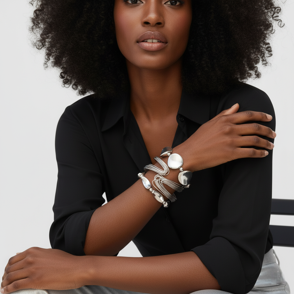 Woman wearing multiple bracelets on her wrist against a neutral background