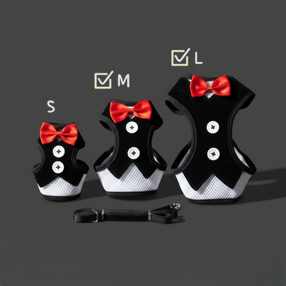 Three sizes of black and white dog harnesses with red bows on a dark background