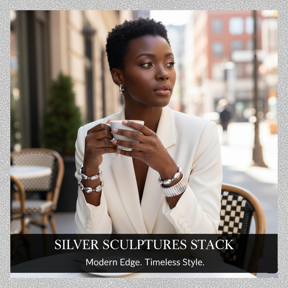 Woman in a white blazer holding a cup, with 'Silver Sculptures Stack' text overlay.