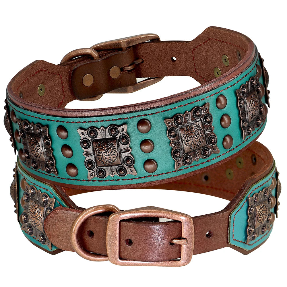 Turquoise leather dog collar with decorative studs on a white background