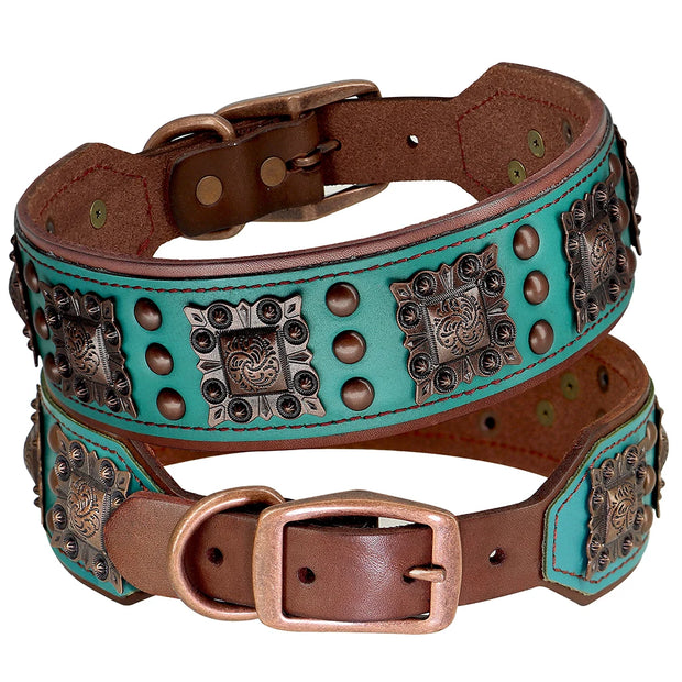 Turquoise leather dog collar with decorative studs on a white background