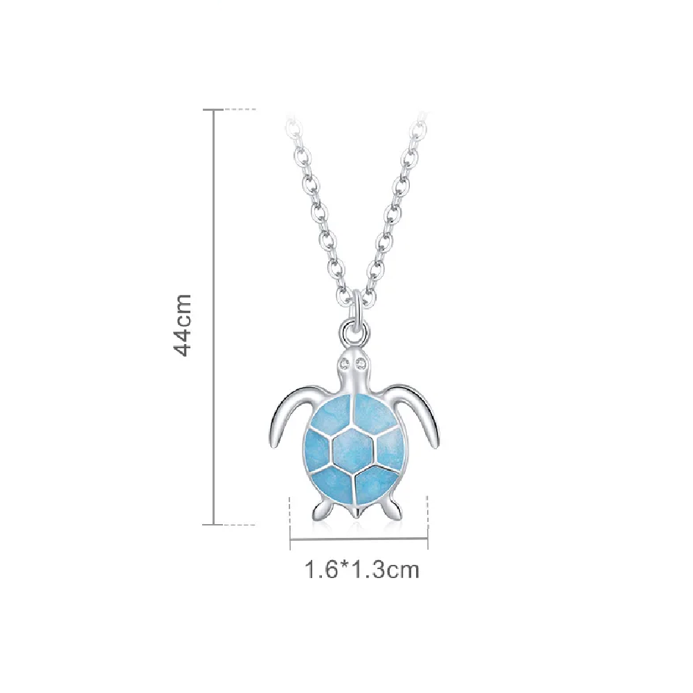 Turtle pendant necklace with blue stone and chain measurements on a white background