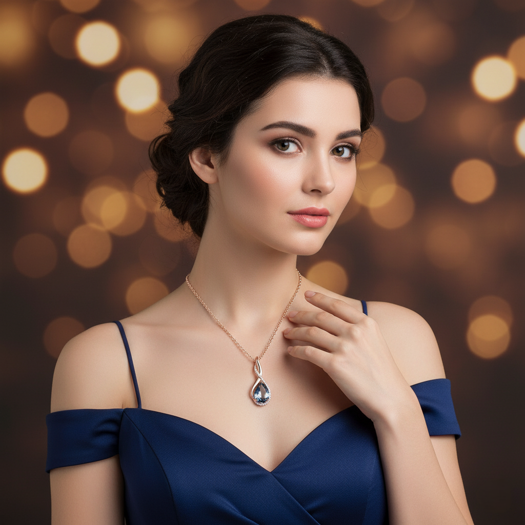 Woman wearing a necklace with a blurred bokeh background