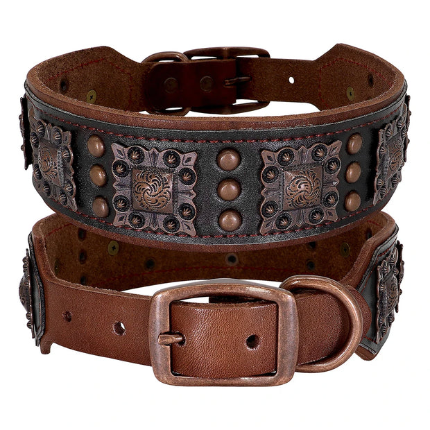 Two brown leather dog collars with decorative studs and patterns on a white background