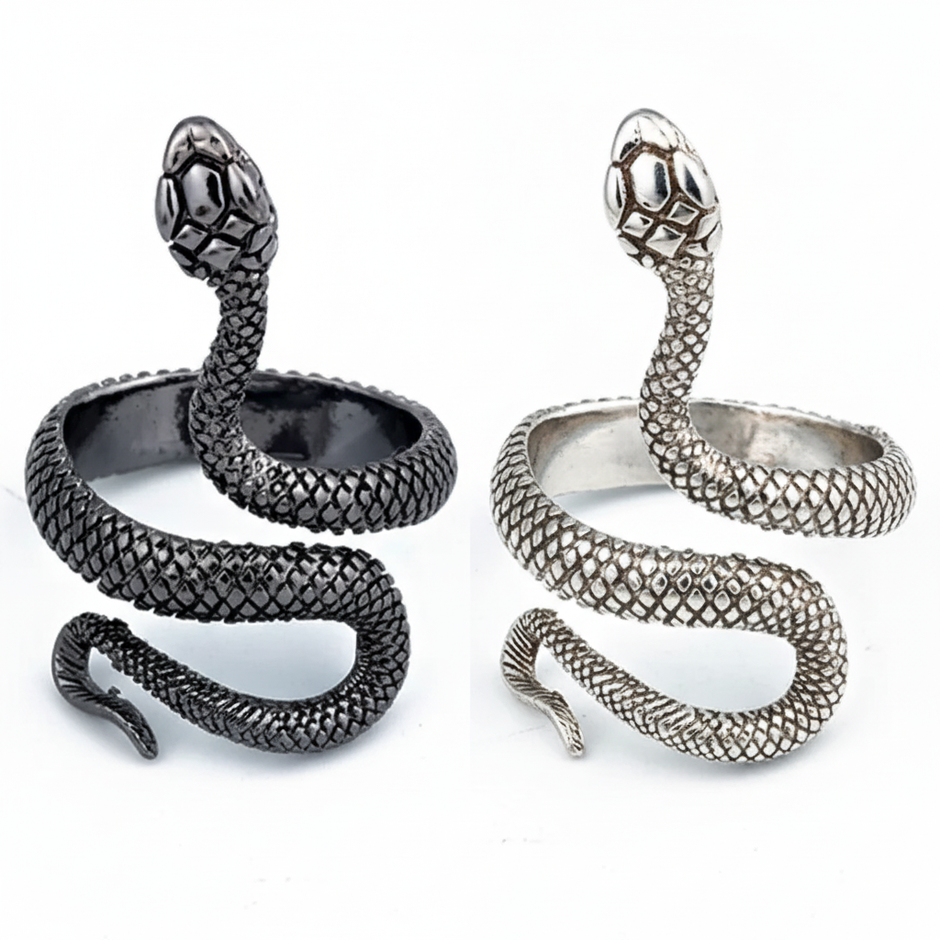 Two snake-shaped rings, one black and one silver, on a white background.