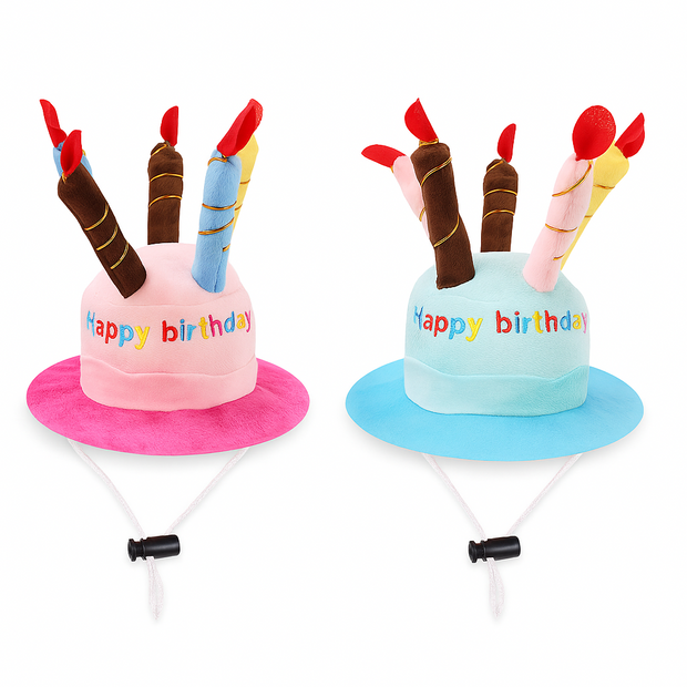 Two toy birthday cakes with candles on a white background